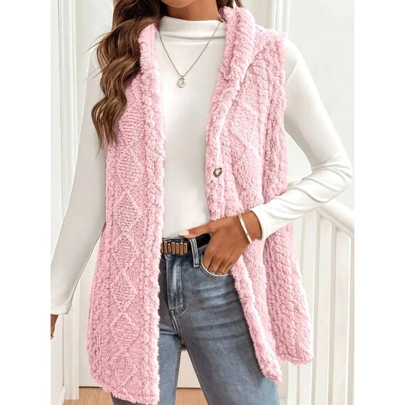 Pink Hooded Plush Vest With Buttons Sleeveless Outerwear S-XXL Sizes - Picture 2 of 5